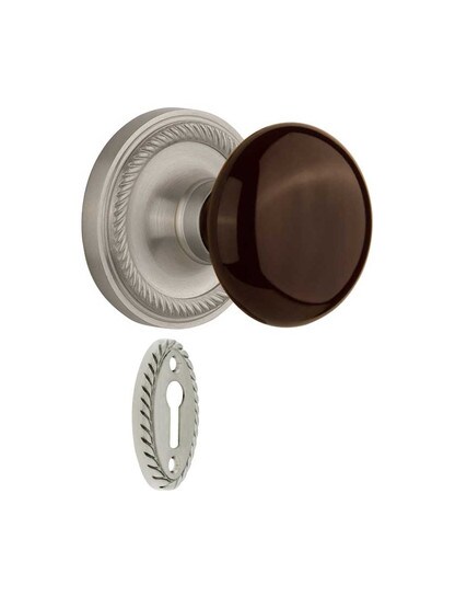 Rope Rosette Mortise-Lock Set with Brown Porcelain Knobs in Satin Nickel.